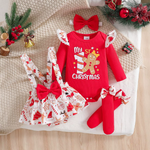 Christmas Baby Girl Outfit Set – Long Sleeve Romper, Suspender Jumpsuit, Bow Socks & Headband (0–12 Months)