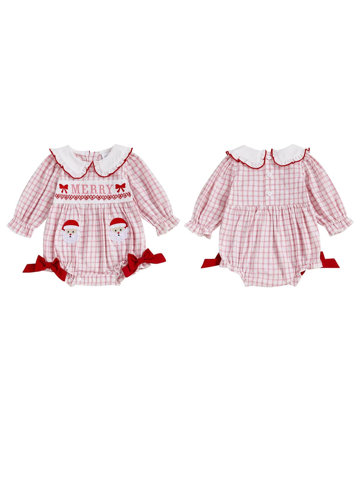 Christmas Baby Romper – Long Sleeve Bubble Bodysuit with Santa Embroidery & Doll Collar | Newborn Winter Outfit