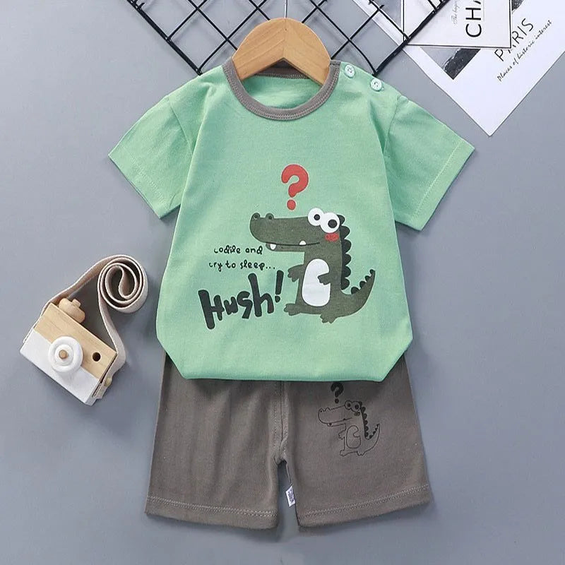 Cotton Tees+Shorts 2-piece Tracksuit Set Kid Cartoon Zebra Dinosaur Print Summer Suit Children Boys Girls Baby 1-6 Years Clothes