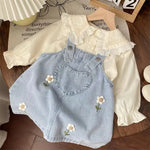 Spring and Autumn Girls Dress Set New Korean Edition Flower Embroidered Denim SkirtDoll Collar blouse Two Piece Set