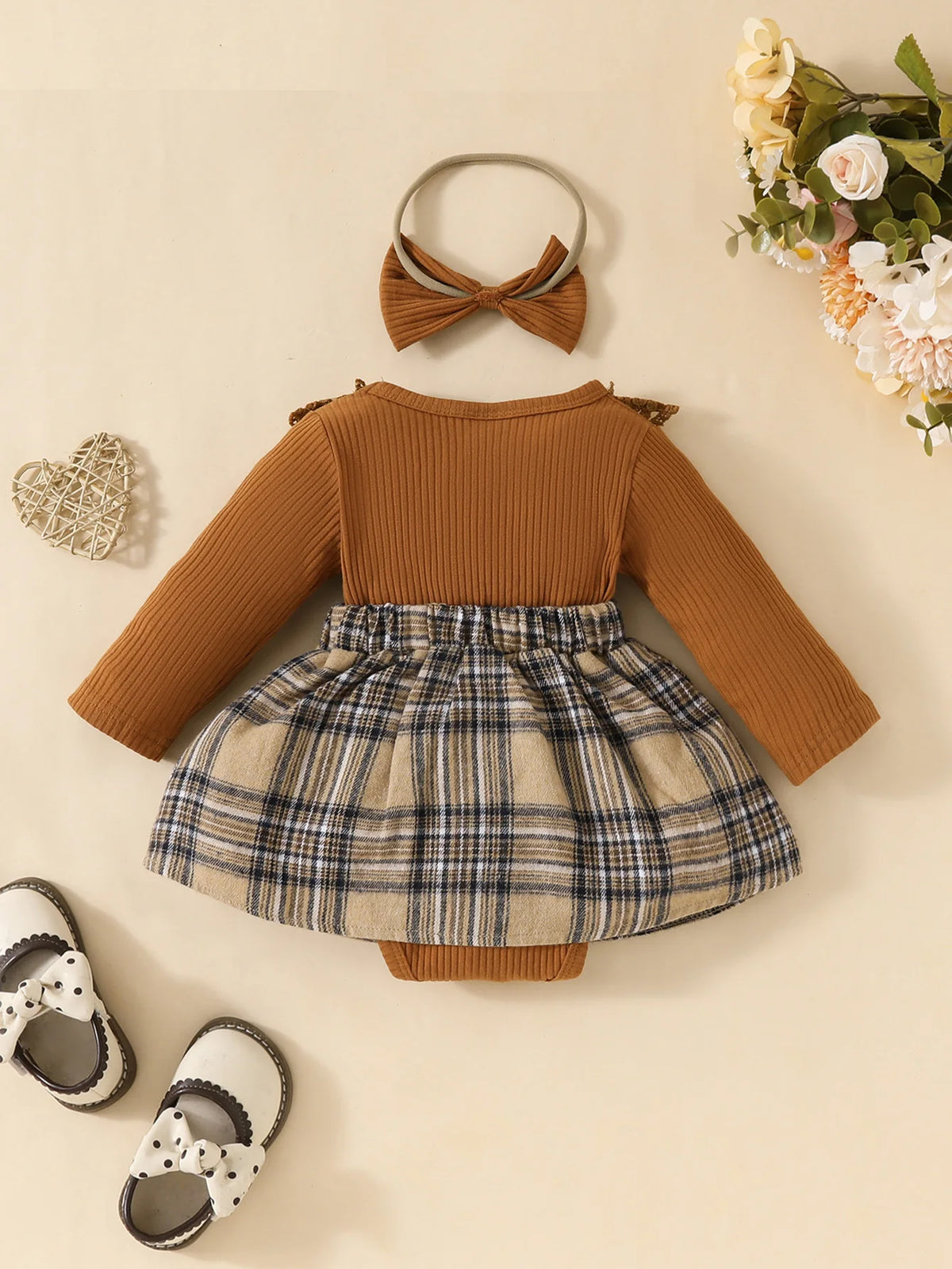 Baby Gilrs Long Sleeve Autumn/Winter Plaid With Bow Honey Jumpsuit For Newborn-18M Vacation Wear +Headband