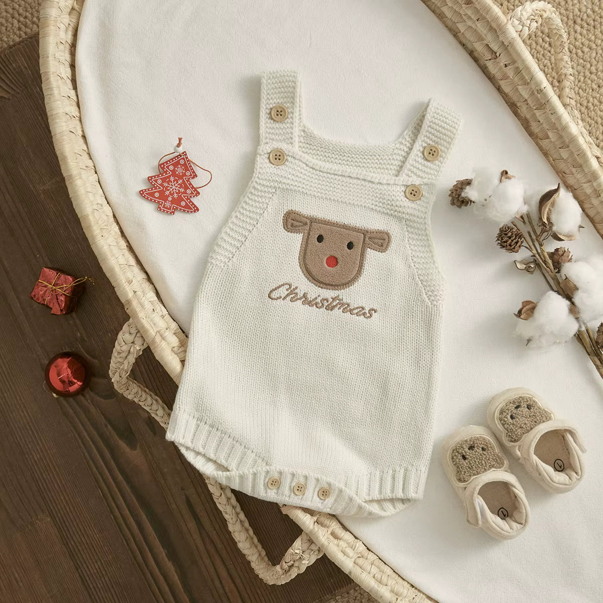 Christmas Baby Romper – Sleeveless Knit Overall with Santa & Tree Embroidery | Unisex Newborn to 18M