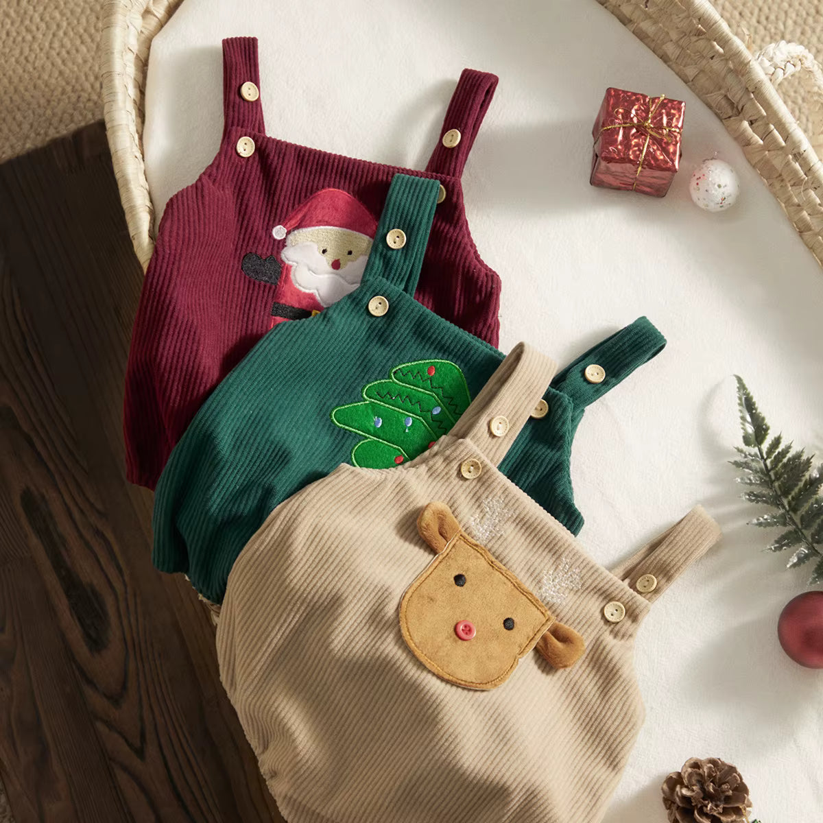 Christmas Baby Romper – Corduroy Deer & Santa Jumpsuit | Unisex Infant Holiday Outfit (0–18M)