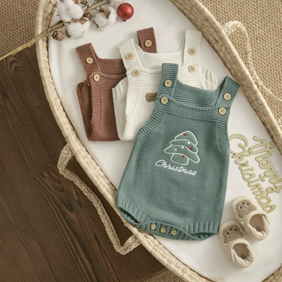 Christmas Baby Romper – Sleeveless Knit Overall with Santa & Tree Embroidery | Unisex Newborn to 18M