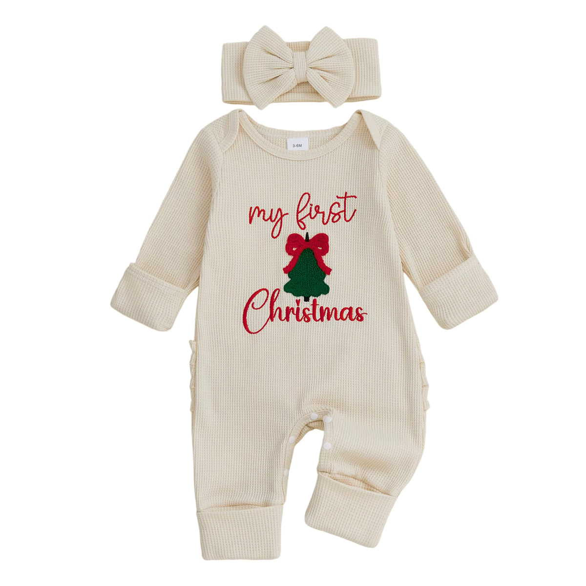 Christmas Baby Girl Romper with Headband – Embroidered Long Sleeve Waffle Jumpsuit (0–12 Months)