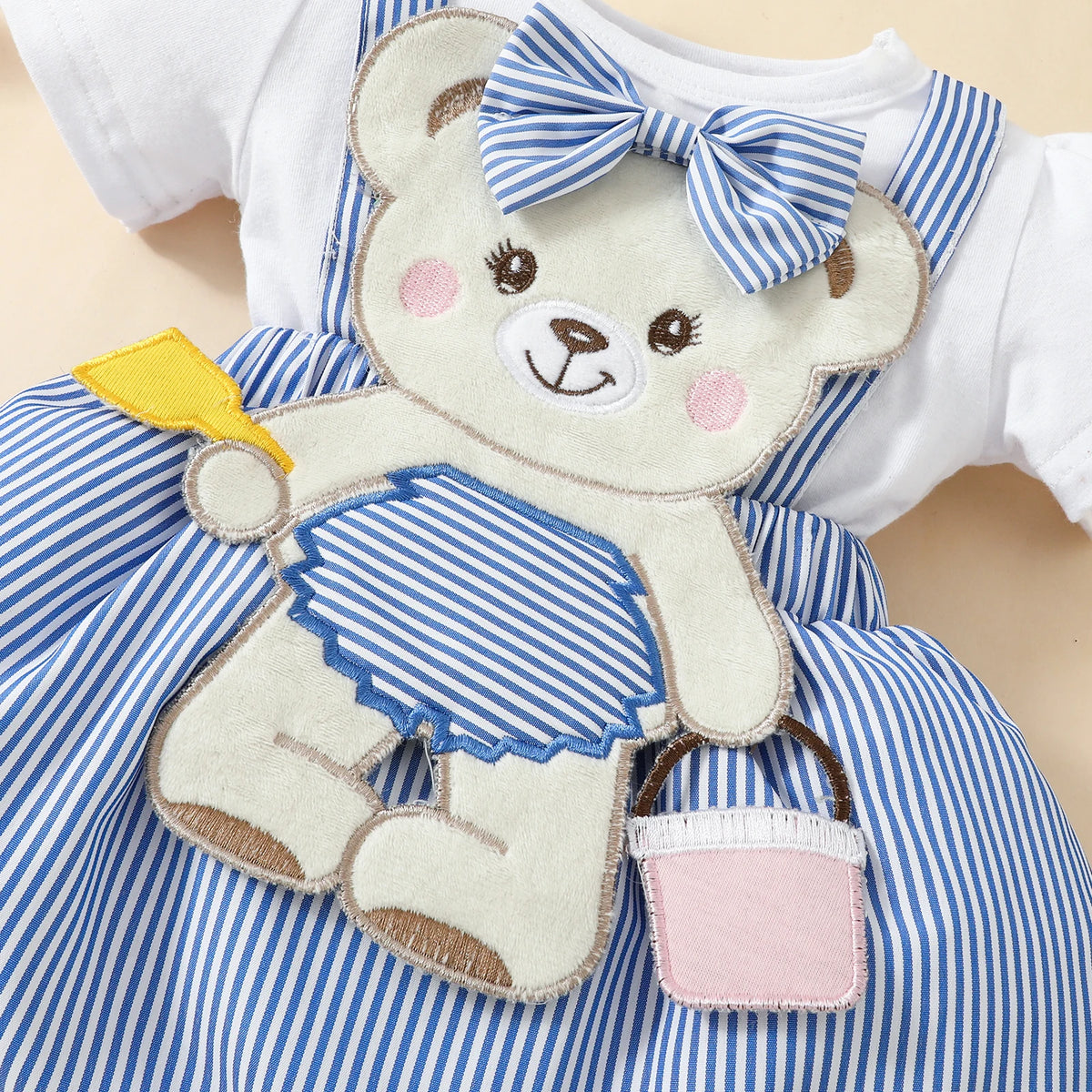 Cartoon Bear Embroidered Baby Romper Set – Summer Jumpsuit & Headband Outfit for Girls (0–18 Months)