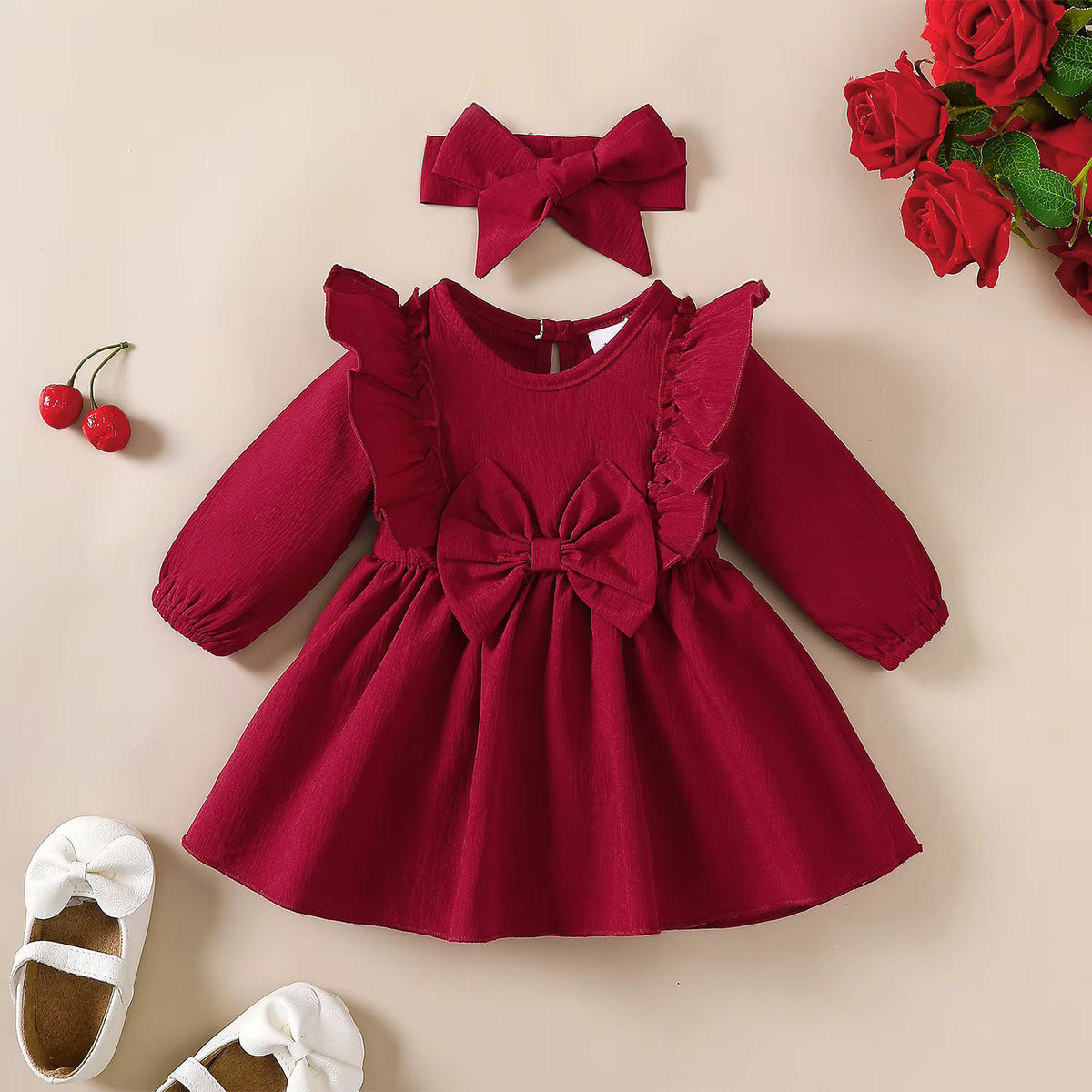 Baby Girl Autumn Ruffle Dress with Bow & Matching Headband – Long Sleeve Party Outfit (0–18 Months)