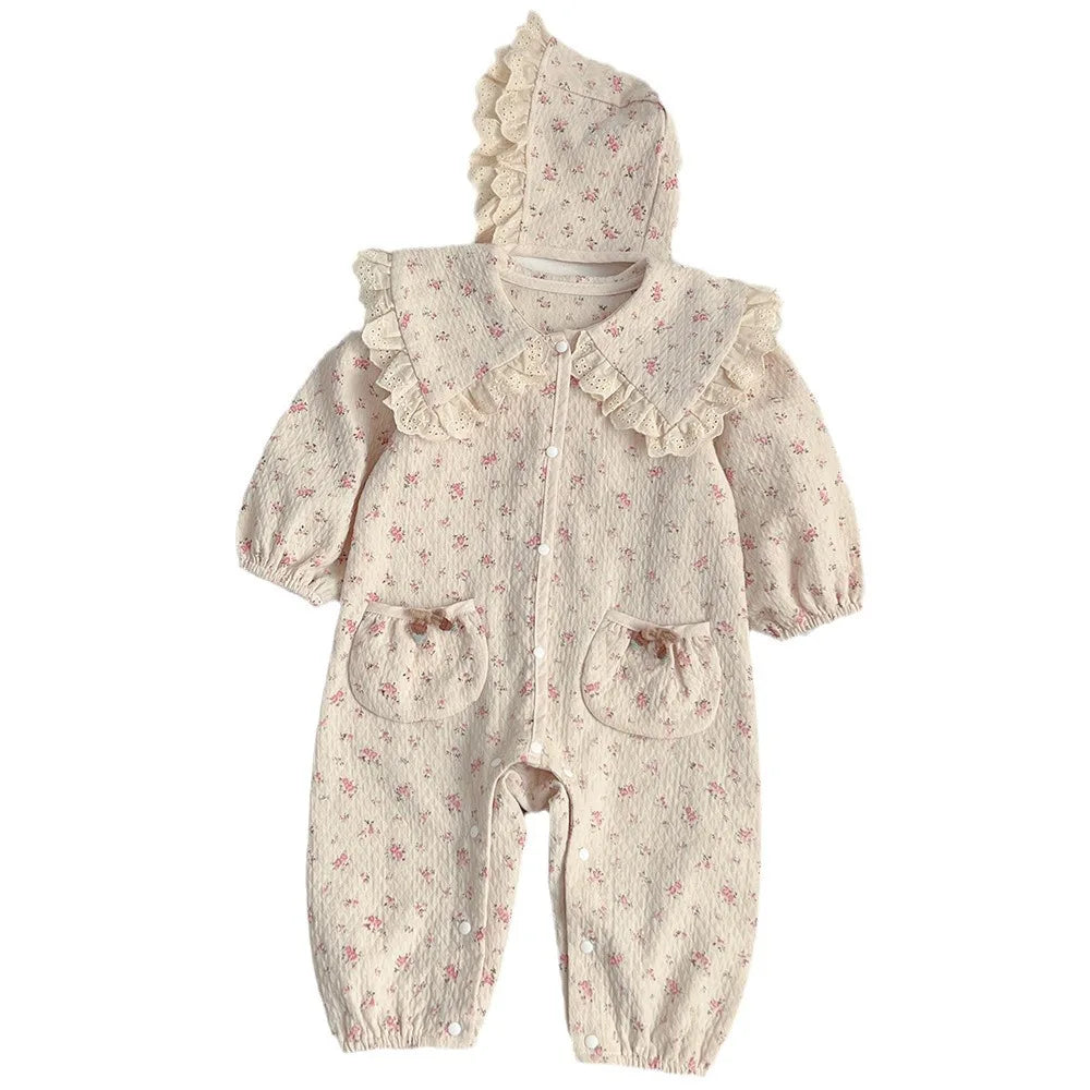 Floral Lace Hooded Romper for Baby Girls – Korean Style Cotton Onesie (1–3 Years)