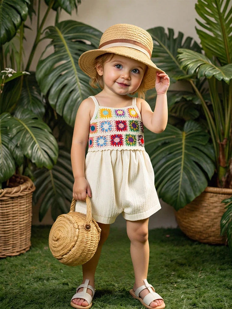 Summer Girls Romper Casual Daily Style Retro Colorful Floral Pattern Comfort Halter Sleeveless Romper Shorts Children's Clothing