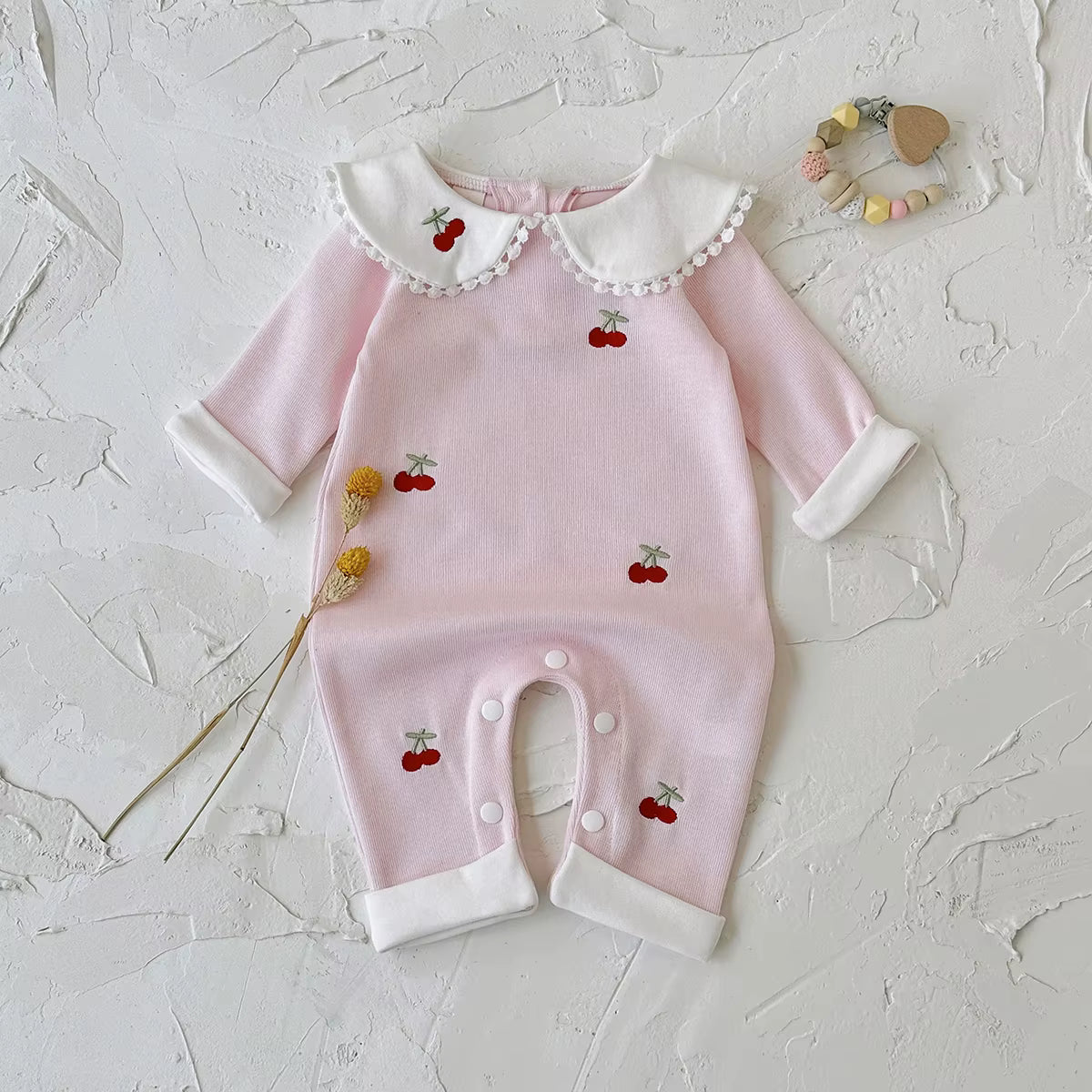 Autumn Baby Girl Romper – Cherry Embroidery Long Sleeve Jumpsuit (0–24 Months)