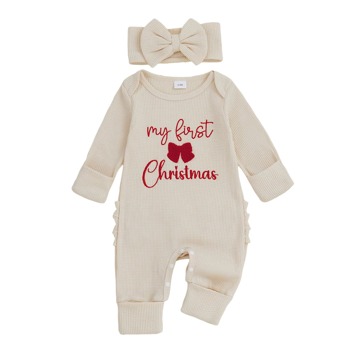 Christmas Baby Girl Romper with Headband – Embroidered Long Sleeve Waffle Jumpsuit (0–12 Months)