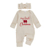 Christmas Baby Girl Romper with Headband – Embroidered Long Sleeve Waffle Jumpsuit (0–12 Months)