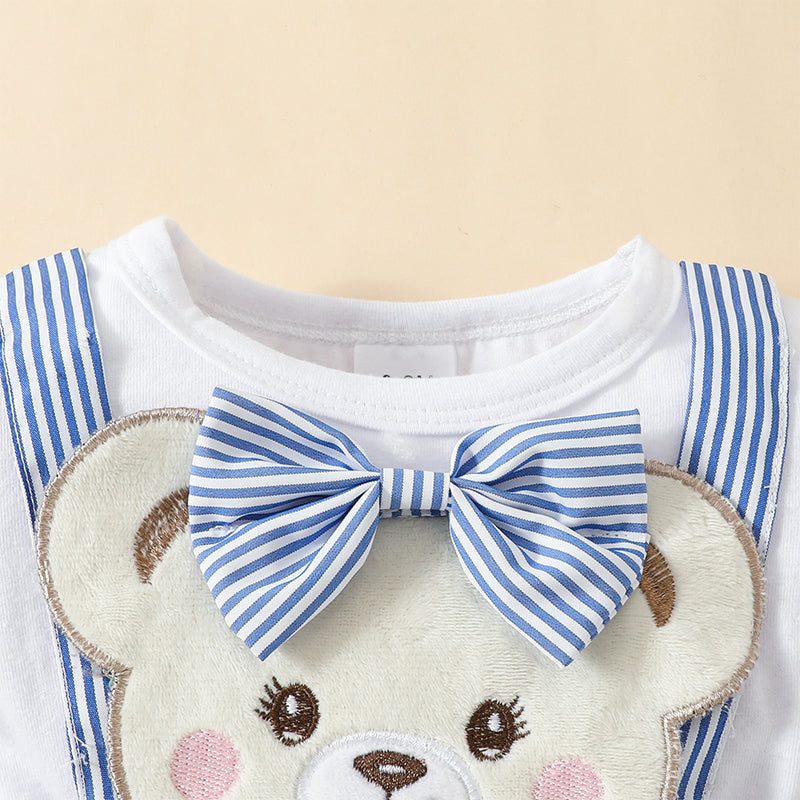 Cartoon Bear Embroidered Baby Romper Set – Summer Jumpsuit & Headband Outfit for Girls (0–18 Months)