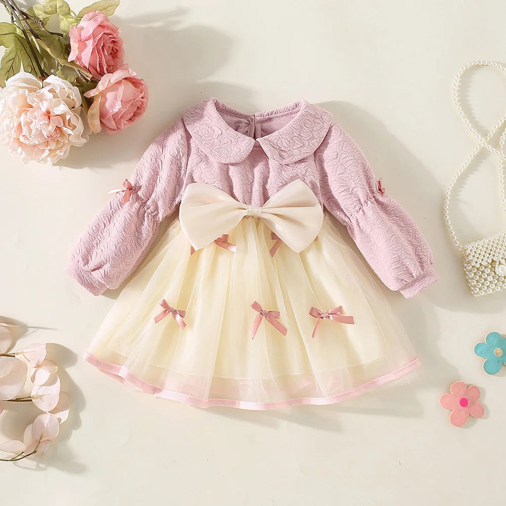 Cute Bow Collar Mesh Dress for Baby Girls – Puff Sleeve Princess Outfit (0–1 Year)