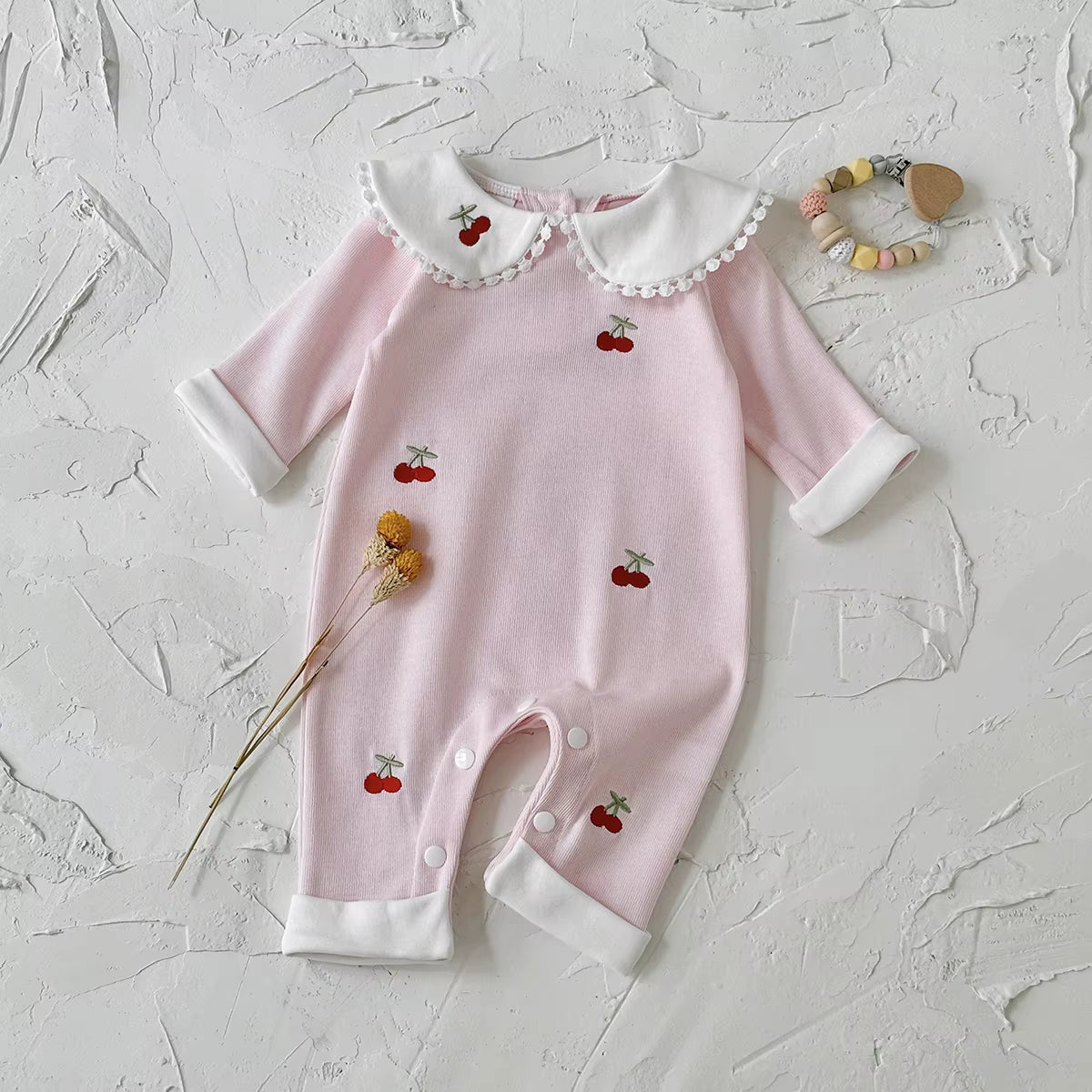 Autumn Baby Girl Romper – Cherry Embroidery Long Sleeve Jumpsuit (0–24 Months)
