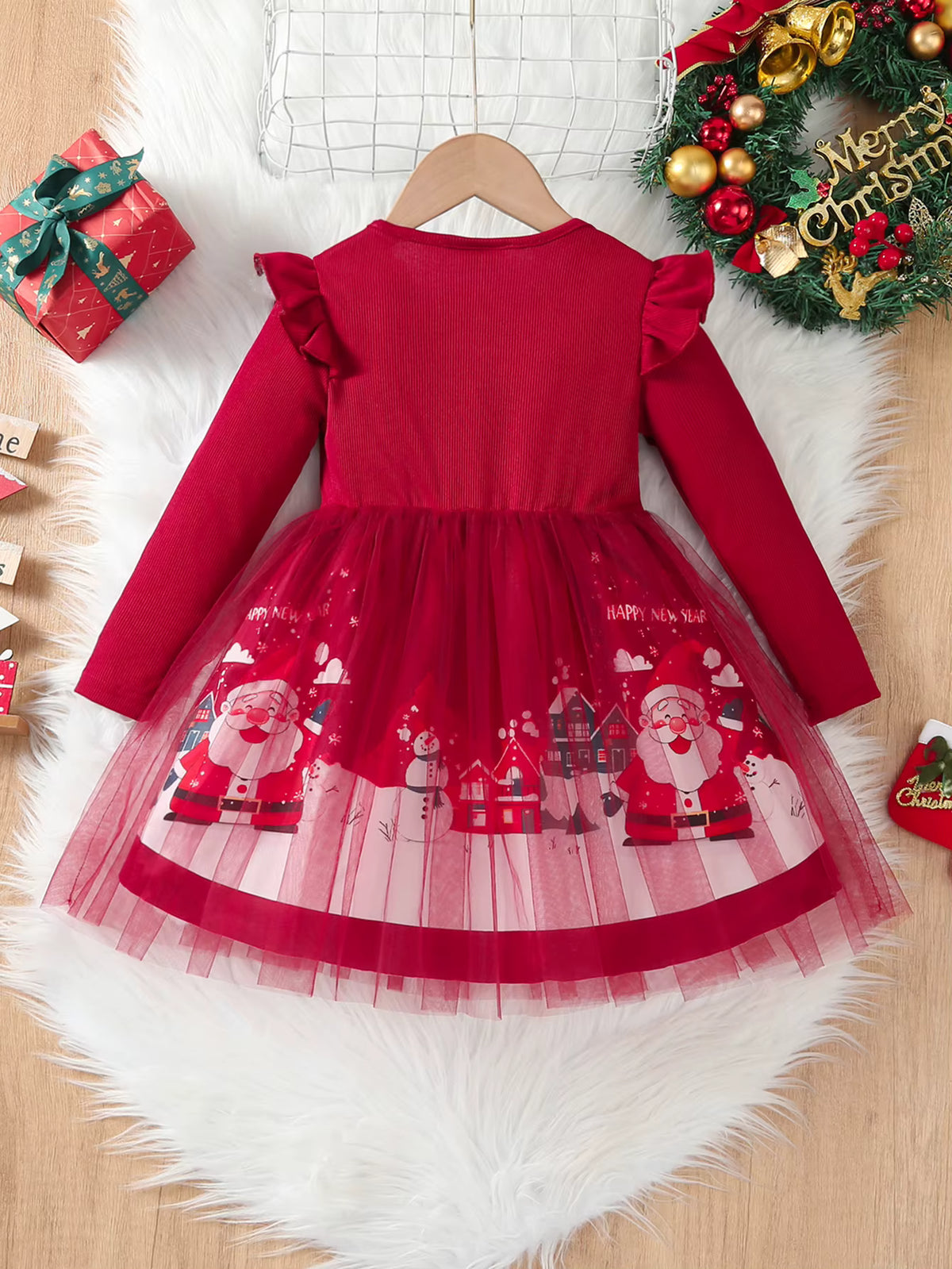 Christmas Red Tulle Princess Dress for Girls – Long Sleeve Santa & Snowman Print Outfit (4–6 Years)