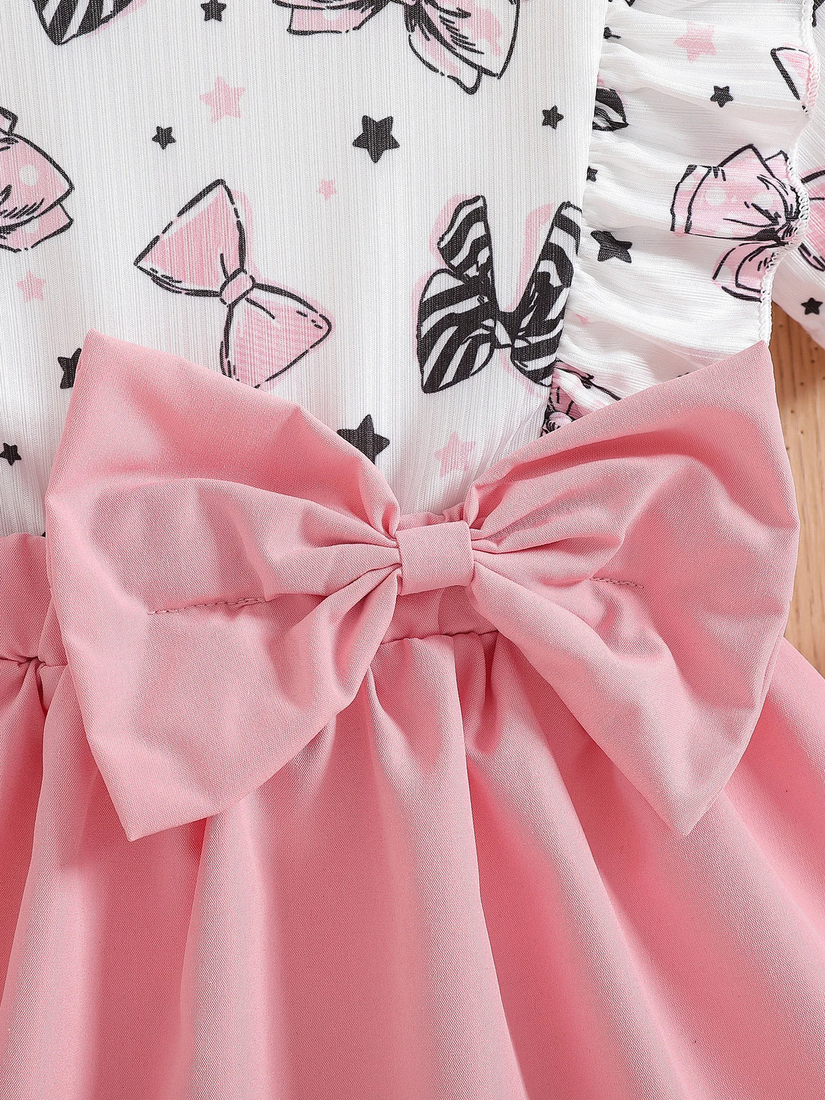 Baby Girl Cute Summer Round Neck Cartoon Bow Pattern Short Sleeved Pleated Fake Two-Piece Set Spliced Dress And Headband