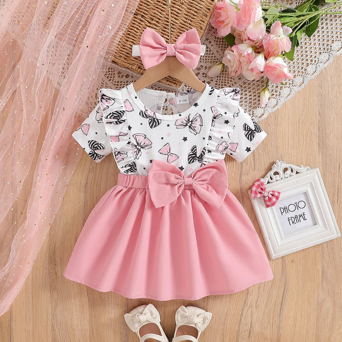 Baby Girl Cute Summer Round Neck Cartoon Bow Pattern Short Sleeved Pleated Fake Two-Piece Set Spliced Dress And Headband