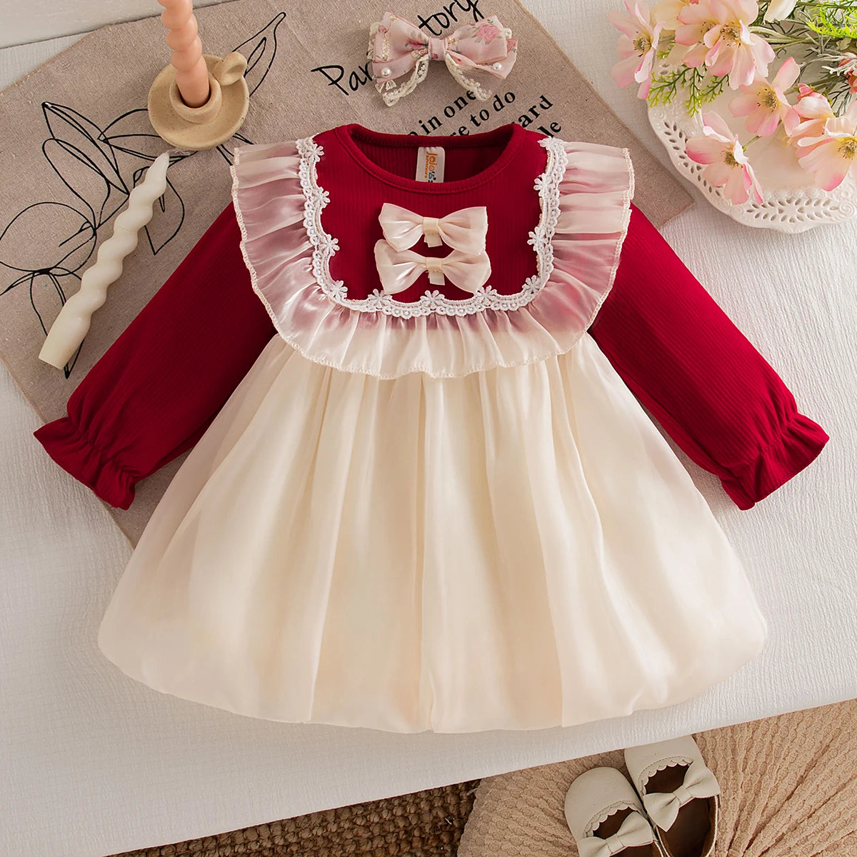 Baby Girl Mesh Bow Dress – Long Sleeve Princess Outfit for Spring & Autumn (0–24 Months)
