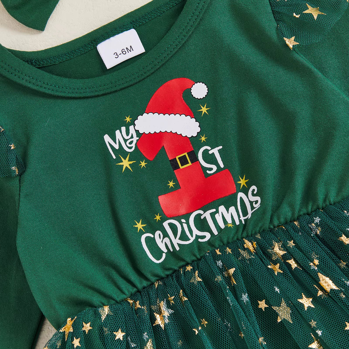Christmas Baby Girl Bodysuit Dress Set – Letter Print & Star Mesh with Headband (0–12 Months)
