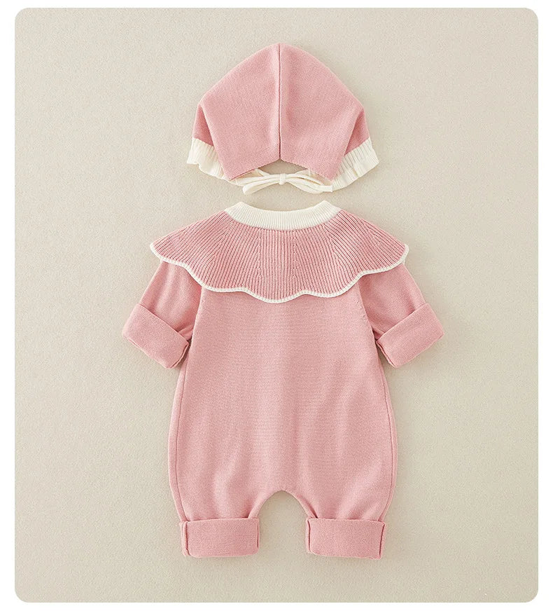 Knitted Patchwork Baby Romper with Hat – Embroidered Long Jumpsuit for Girls (1–3 Years)