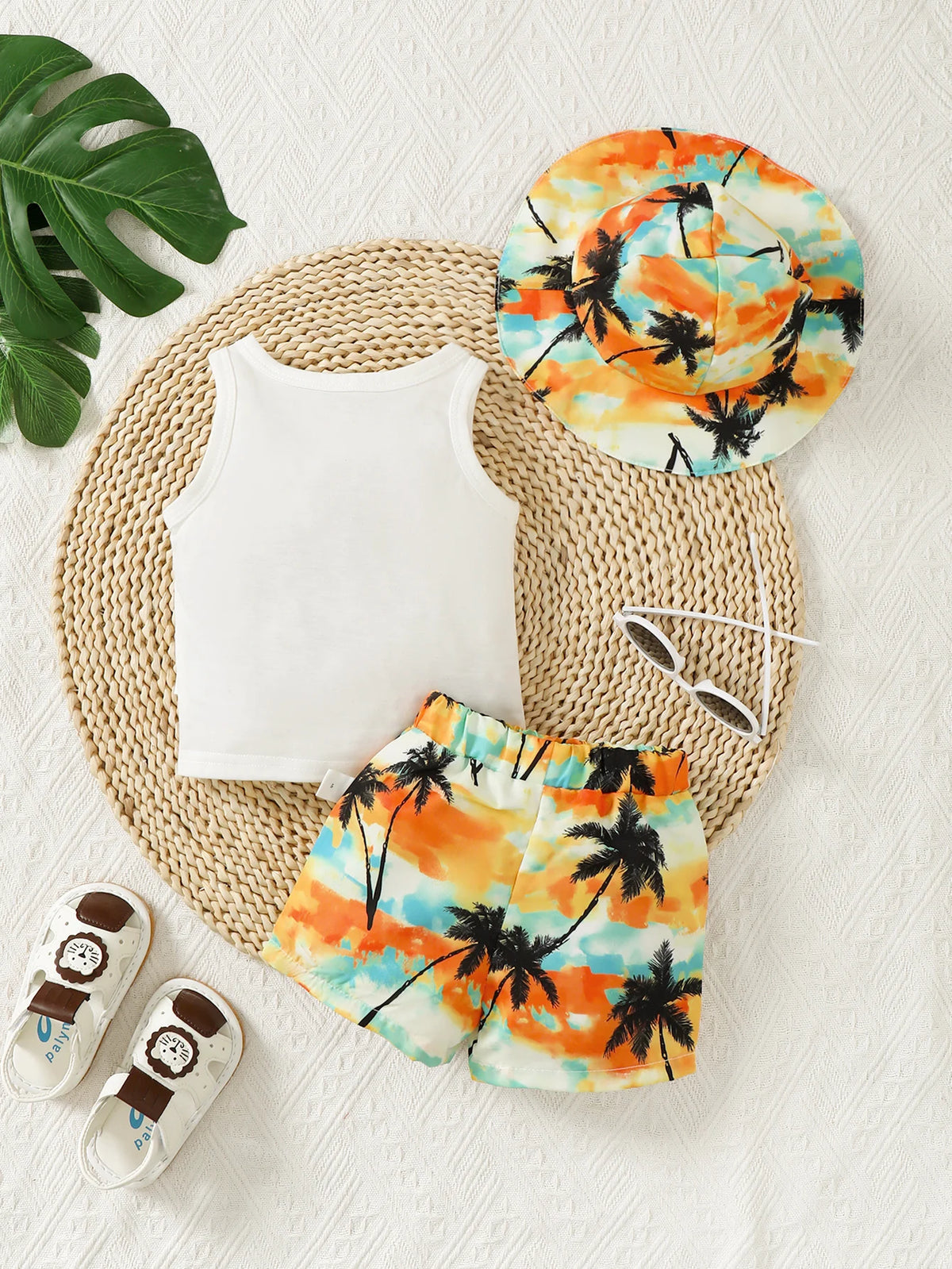 Casual Look For Baby Boys Summer Coconut Print Sleeveless Vest Dyed Hat Elasticated Waist Casual Pants Beach Chic