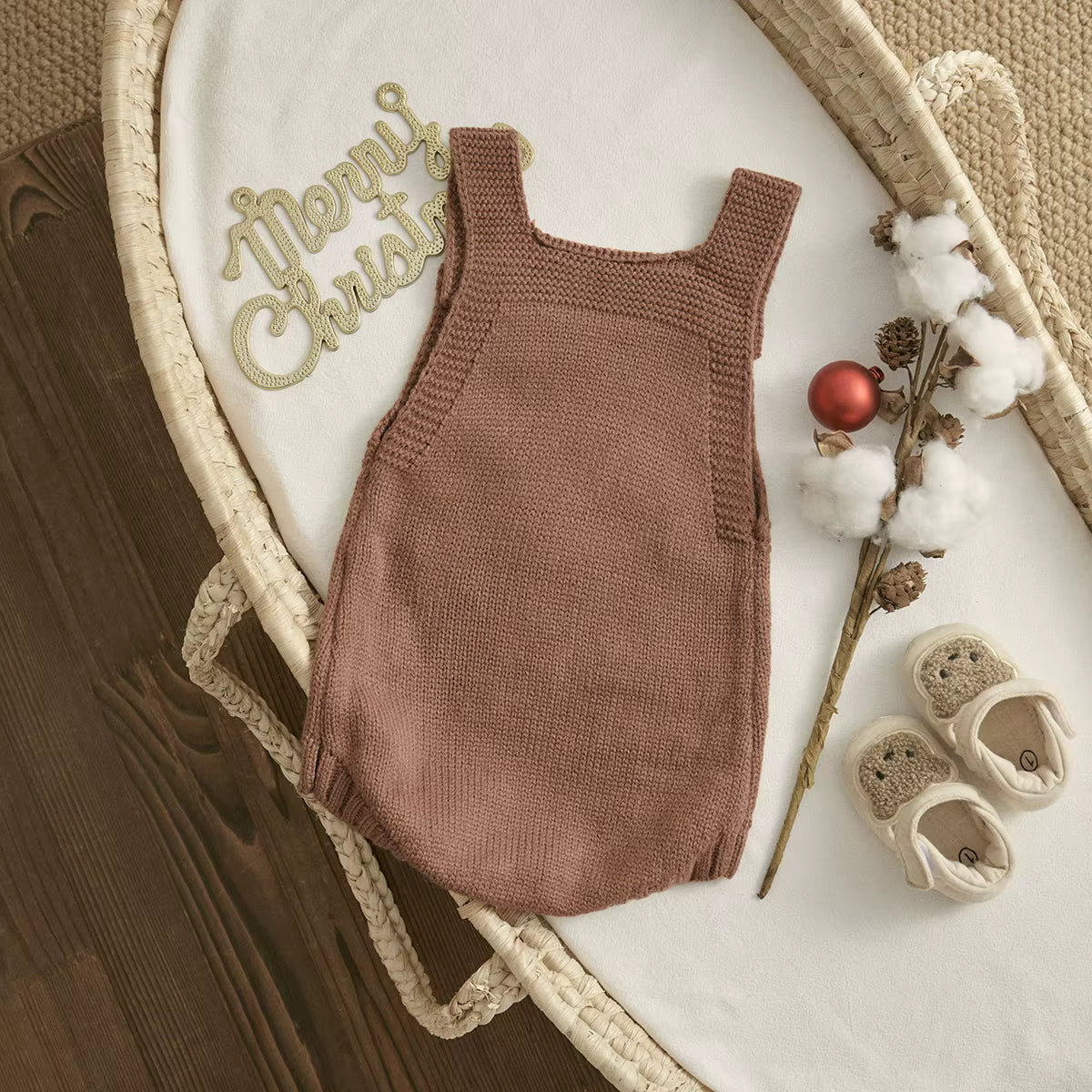 Christmas Baby Romper – Sleeveless Knit Overall with Santa & Tree Embroidery | Unisex Newborn to 18M