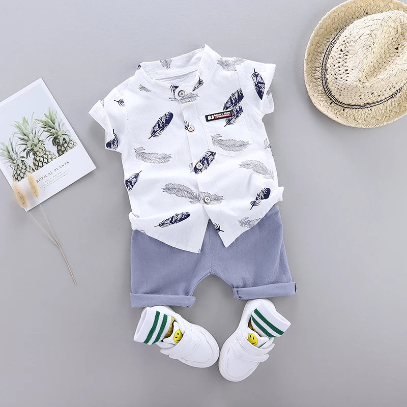0-3 Year Old Baby Summer Feather Print Shirt Short Sleeve Suit