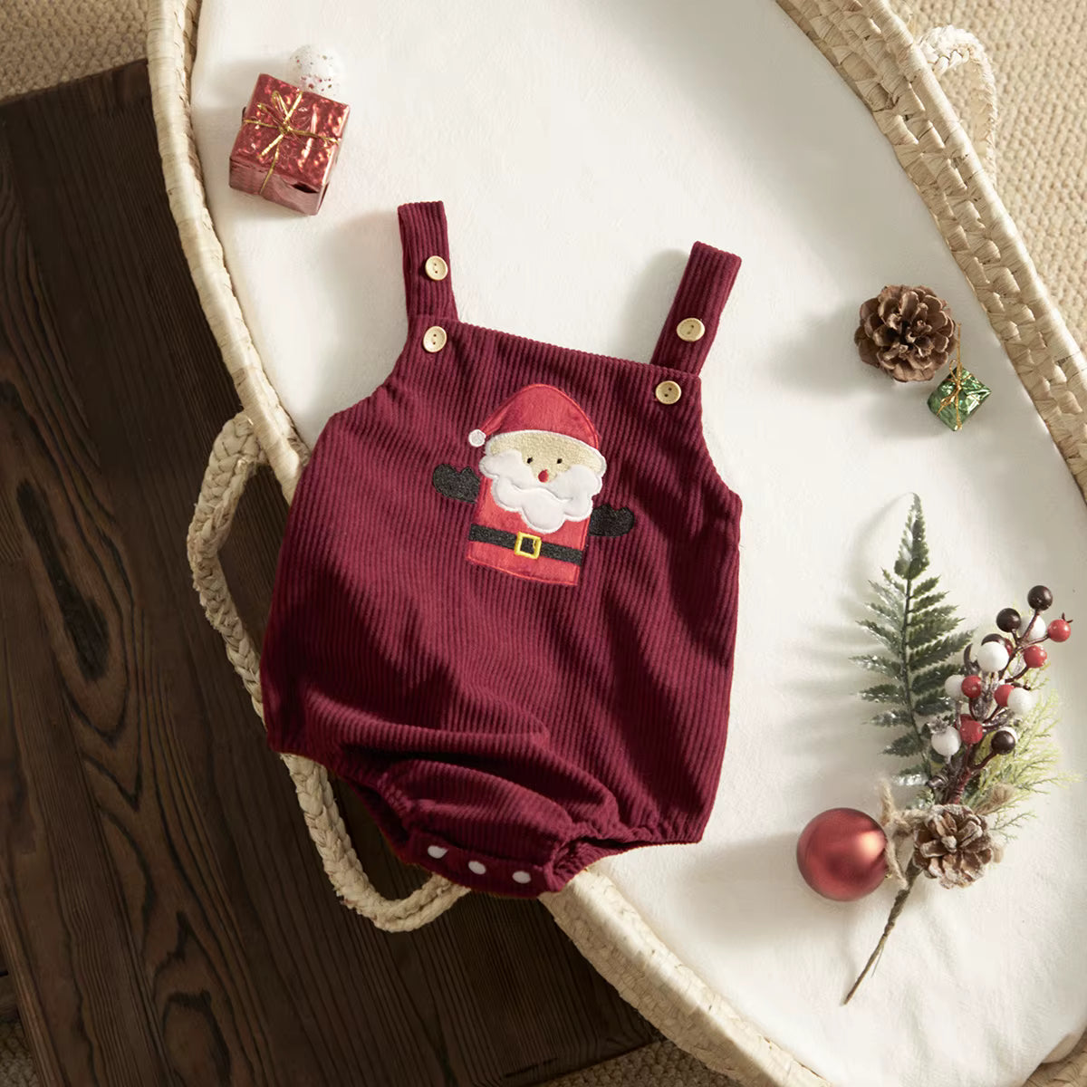 Christmas Baby Romper – Corduroy Deer & Santa Jumpsuit | Unisex Infant Holiday Outfit (0–18M)