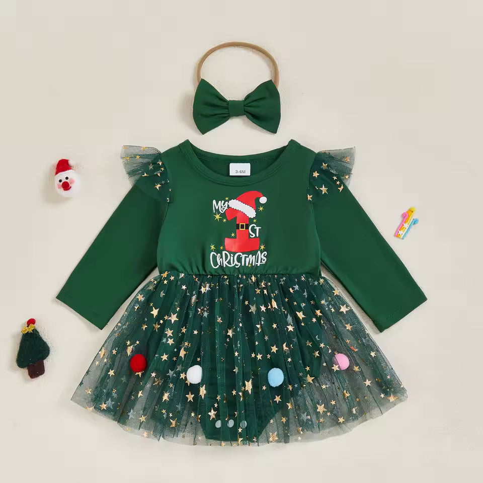 Christmas Baby Girl Bodysuit Dress Set – Letter Print & Star Mesh with Headband (0–12 Months)