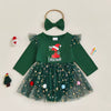 Christmas Baby Girl Bodysuit Dress Set – Letter Print & Star Mesh with Headband (0–12 Months)
