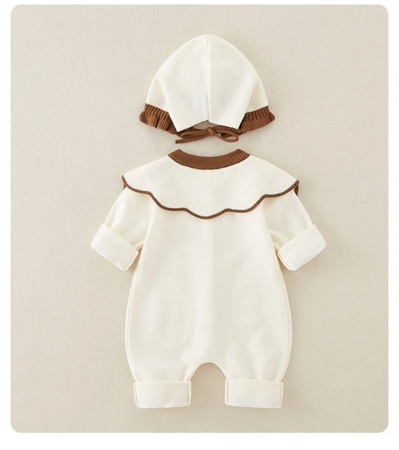 Knitted Patchwork Baby Romper with Hat – Embroidered Long Jumpsuit for Girls (1–3 Years)