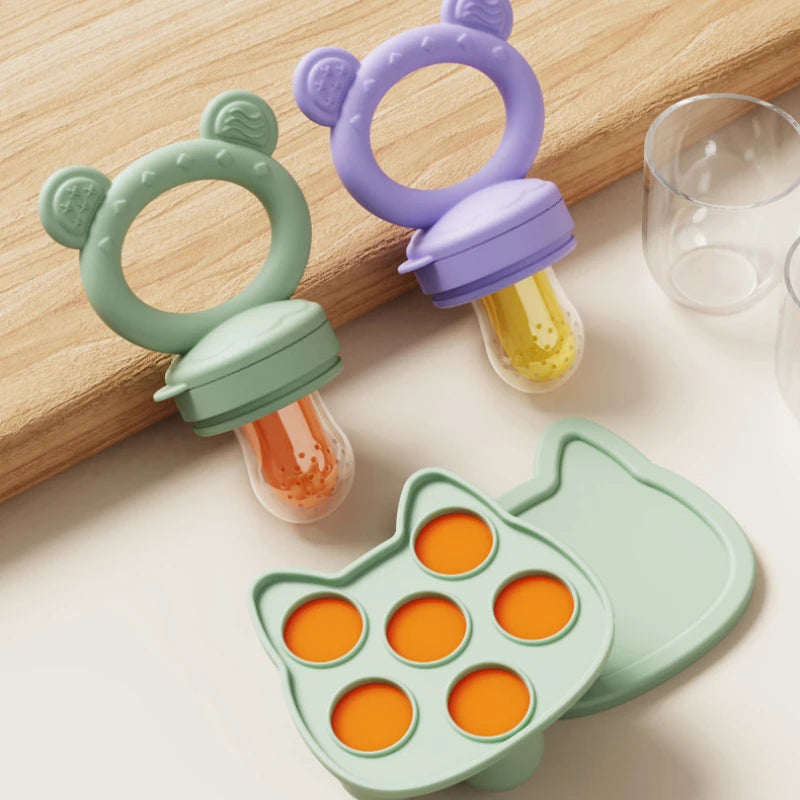 Baby Fruit Food Feeder & Mini Freezer Nibble Tray with Lid Breastmilk Popsicle Molds Silicone Infant Self Feeding Food Pacifier