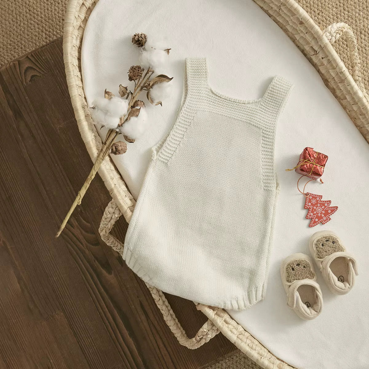 Christmas Baby Romper – Sleeveless Knit Overall with Santa & Tree Embroidery | Unisex Newborn to 18M