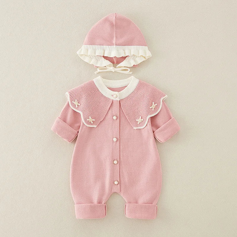 Knitted Patchwork Baby Romper with Hat – Embroidered Long Jumpsuit for Girls (1–3 Years)