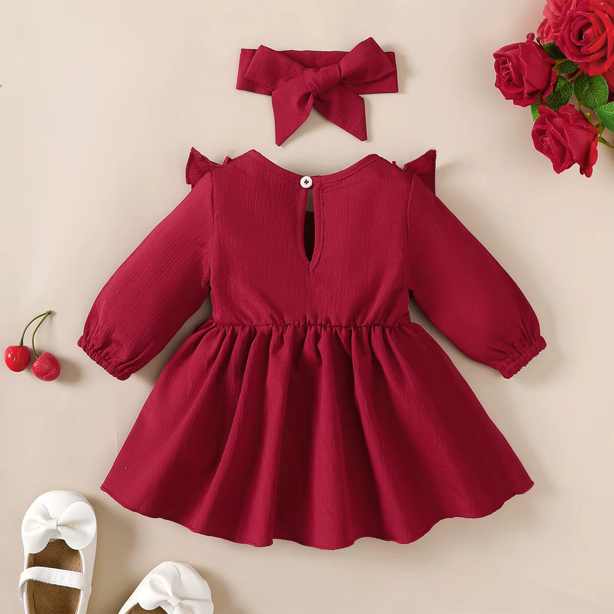 Baby Girl Autumn Ruffle Dress with Bow & Matching Headband – Long Sleeve Party Outfit (0–18 Months)