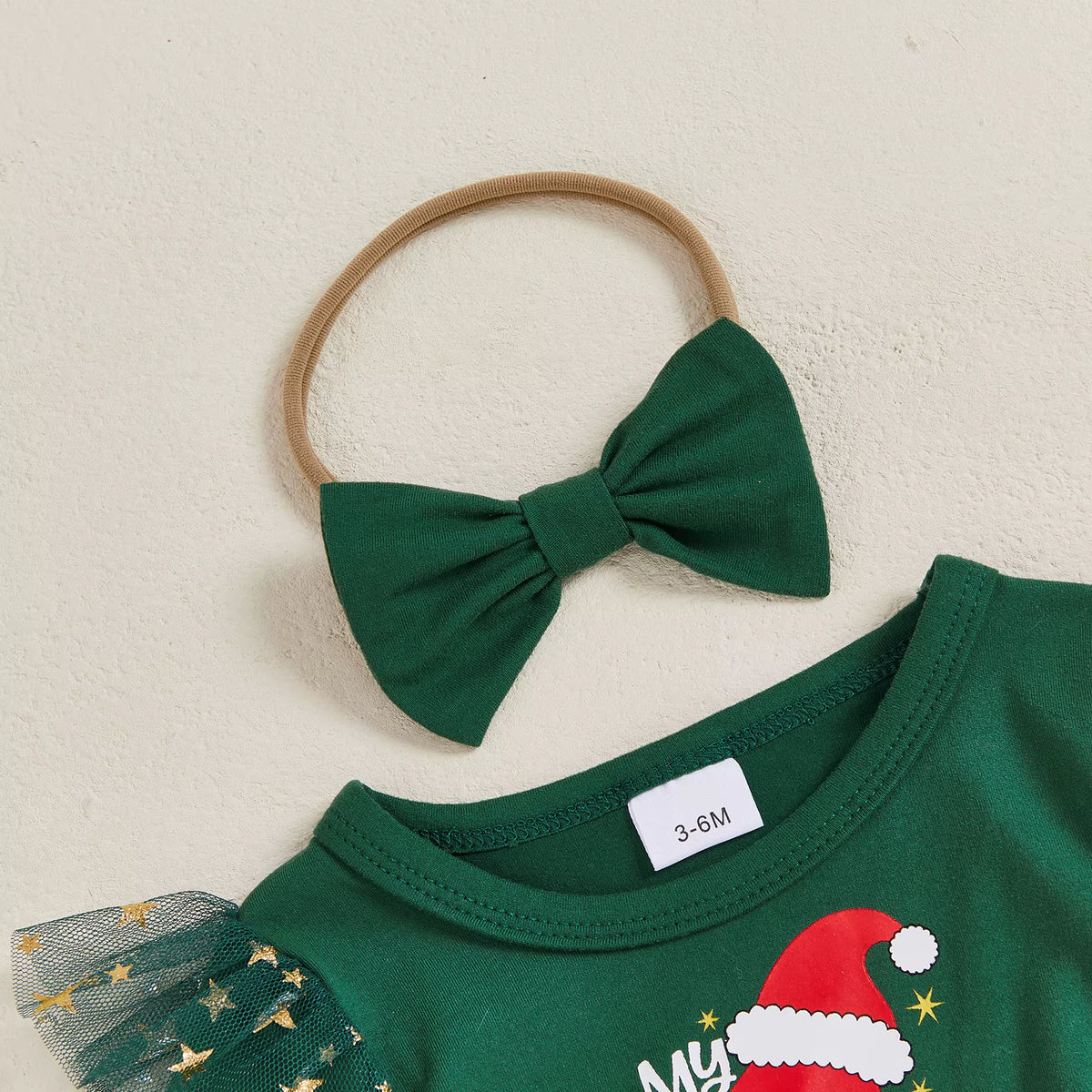 Christmas Baby Girl Bodysuit Dress Set – Letter Print & Star Mesh with Headband (0–12 Months)