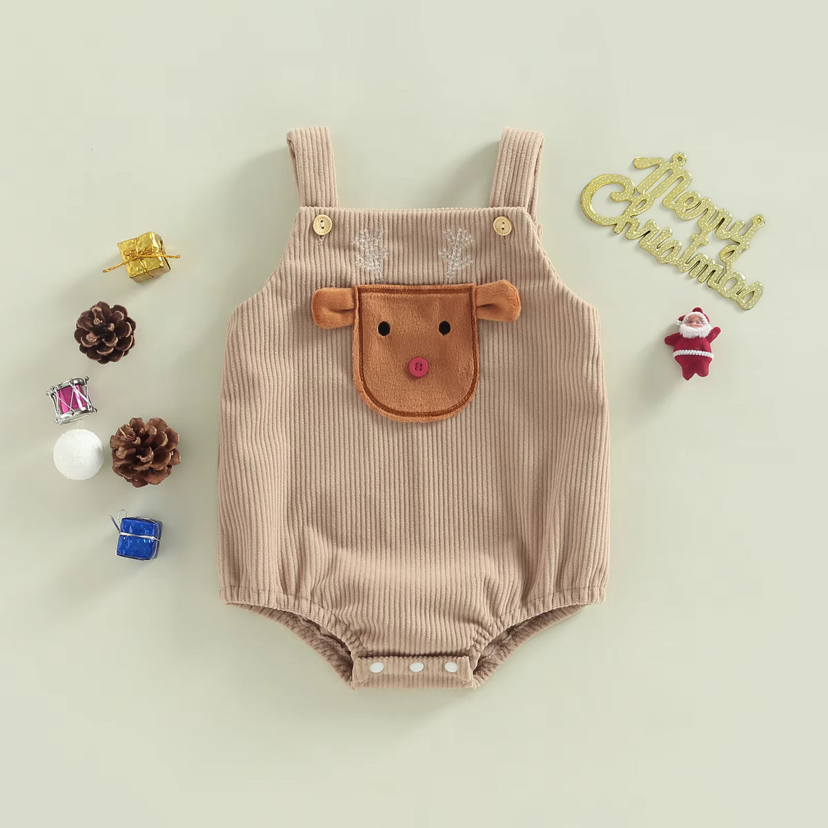 Christmas Baby Romper – Corduroy Deer & Santa Jumpsuit | Unisex Infant Holiday Outfit (0–18M)