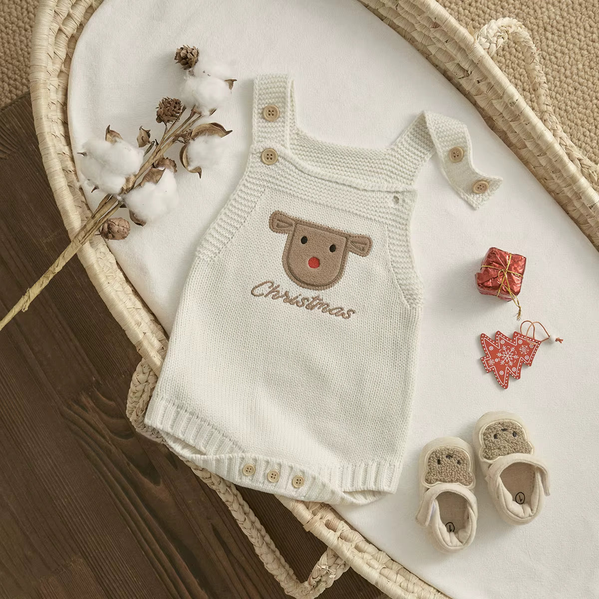 Christmas Baby Romper – Sleeveless Knit Overall with Santa & Tree Embroidery | Unisex Newborn to 18M