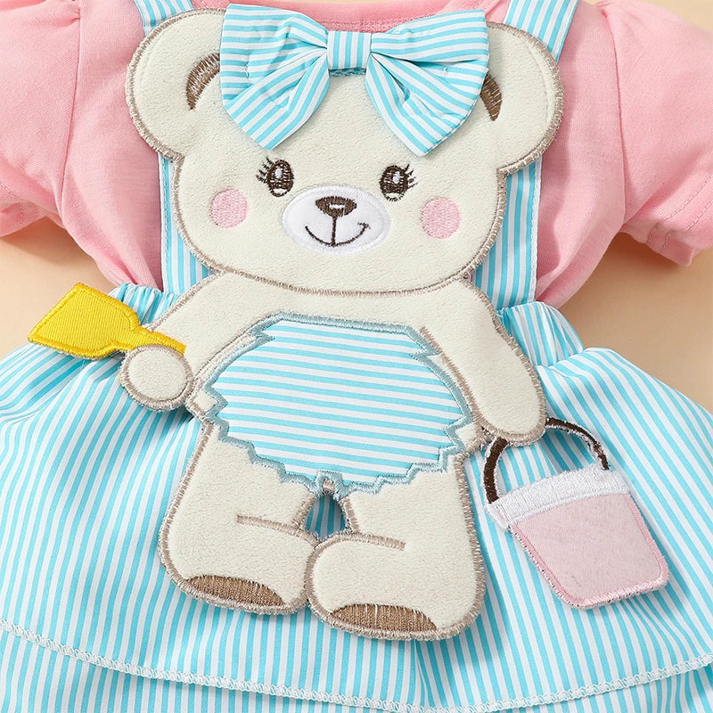Cartoon Bear Embroidered Baby Romper Set – Summer Jumpsuit & Headband Outfit for Girls (0–18 Months)