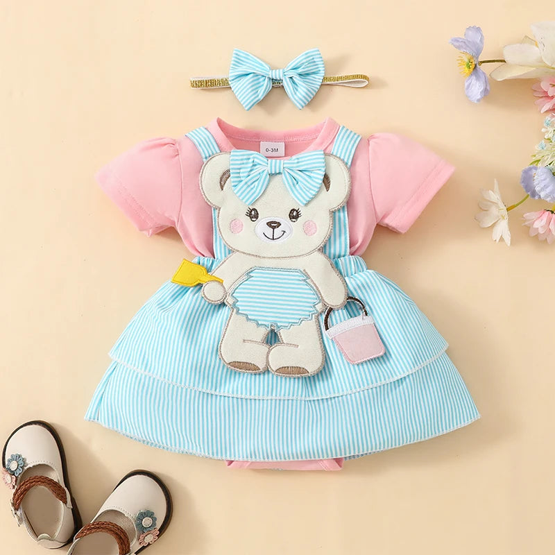 Cartoon Bear Embroidered Baby Romper Set – Summer Jumpsuit & Headband Outfit for Girls (0–18 Months)