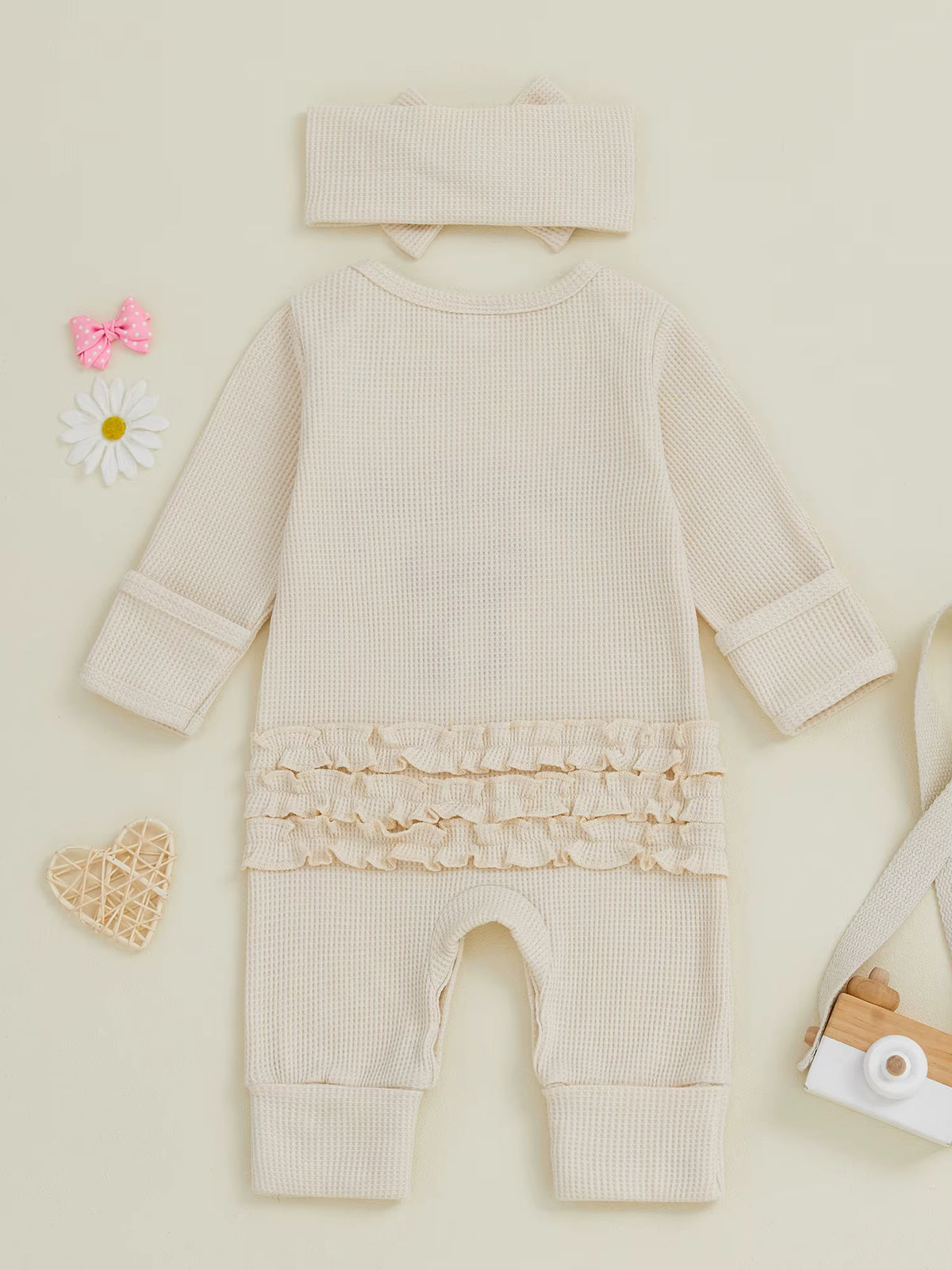 Christmas Baby Girl Romper with Headband – Embroidered Long Sleeve Waffle Jumpsuit (0–12 Months)