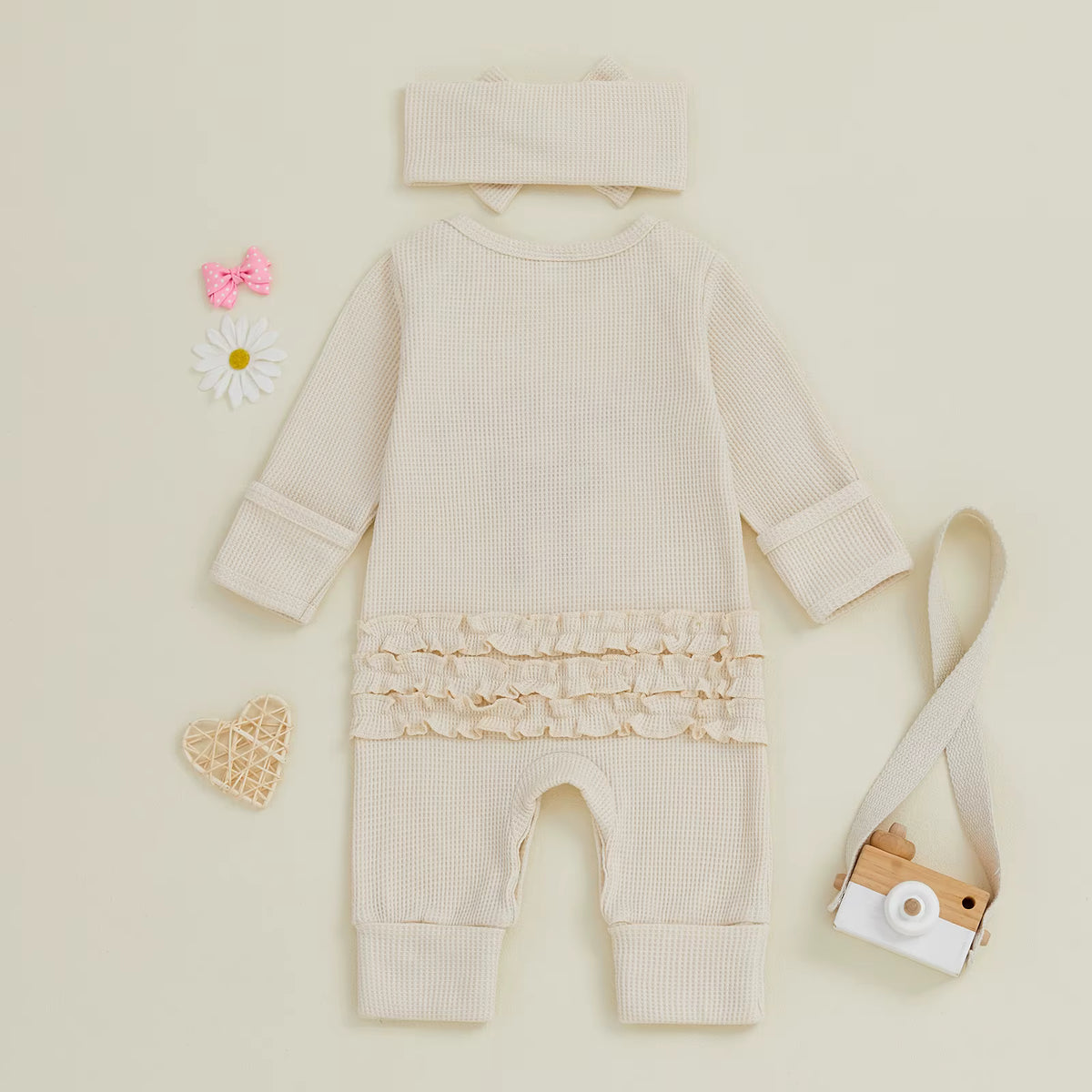 Christmas Baby Girl Romper with Headband – Embroidered Long Sleeve Waffle Jumpsuit (0–12 Months)