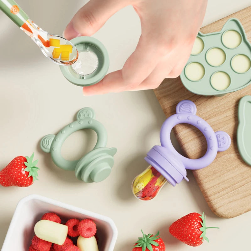 Baby Fruit Food Feeder & Mini Freezer Nibble Tray with Lid Breastmilk Popsicle Molds Silicone Infant Self Feeding Food Pacifier