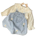 Spring and Autumn Girls Dress Set New Korean Edition Flower Embroidered Denim SkirtDoll Collar blouse Two Piece Set