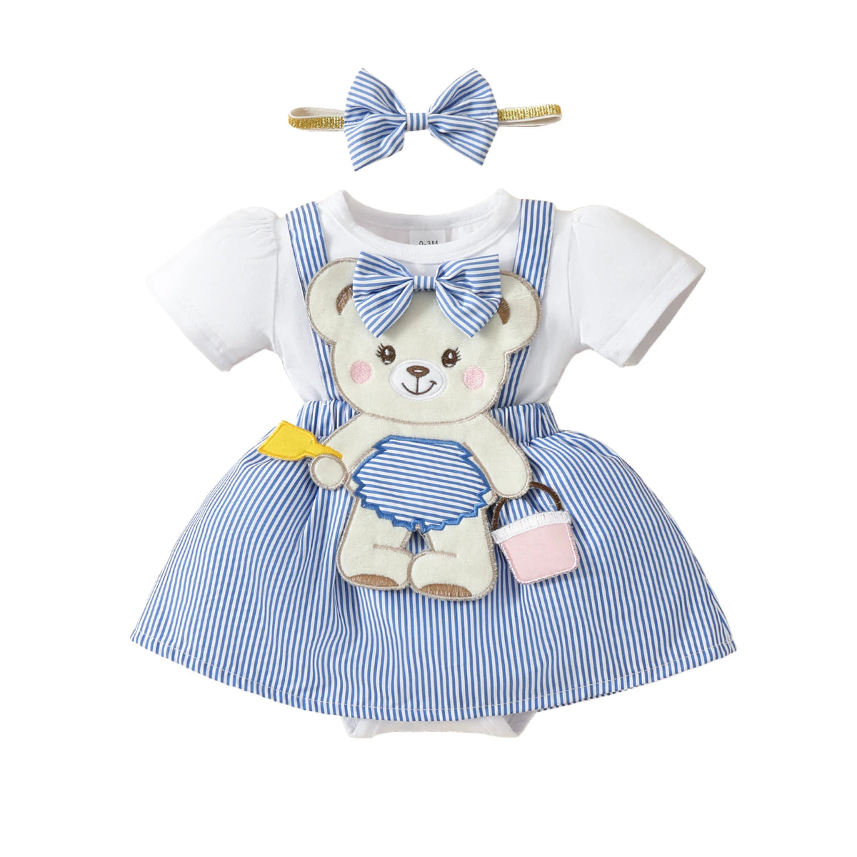Cartoon Bear Embroidered Baby Romper Set – Summer Jumpsuit & Headband Outfit for Girls (0–18 Months)