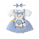 Cartoon Bear Embroidered Baby Romper Set – Summer Jumpsuit & Headband Outfit for Girls (0–18 Months)