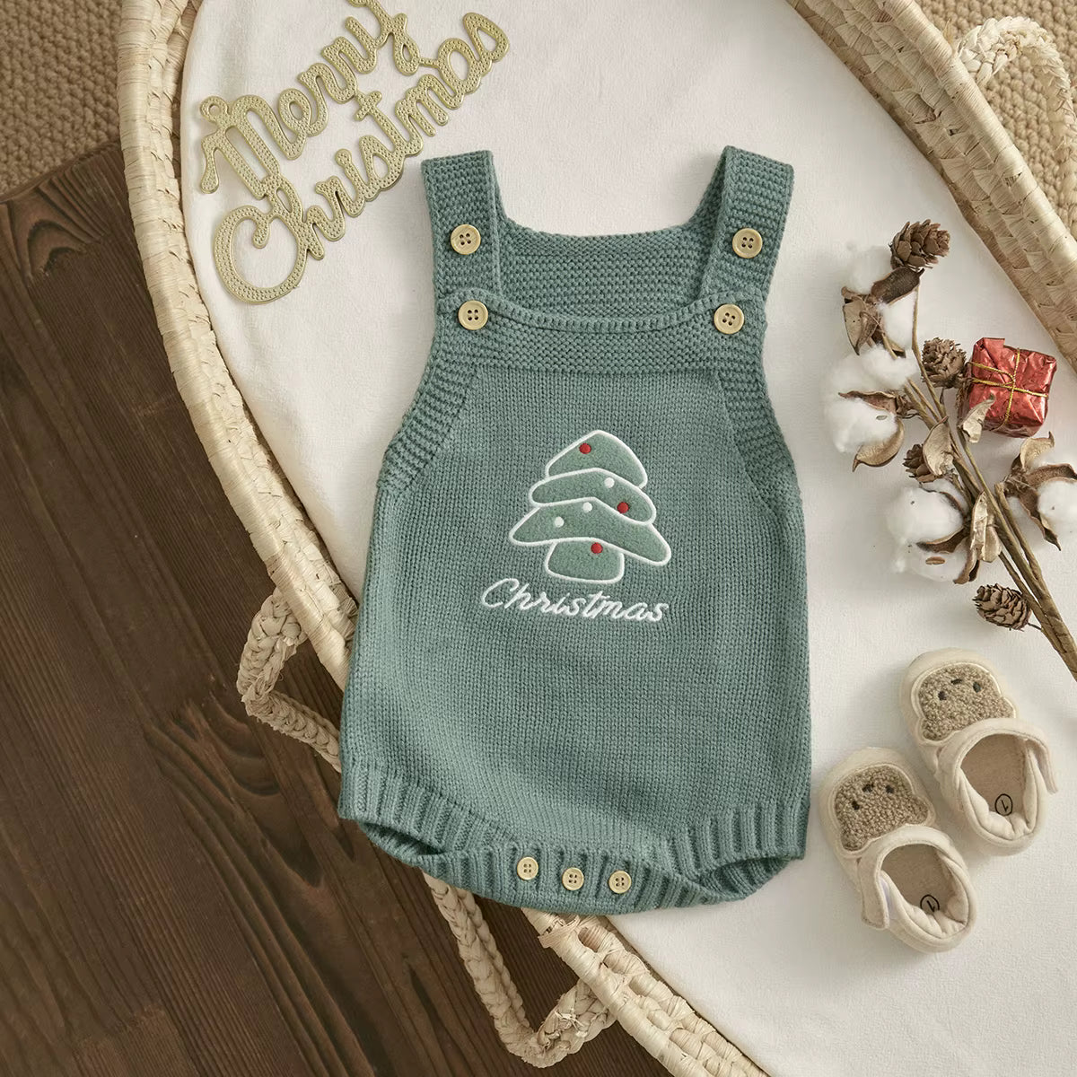 Christmas Baby Romper – Sleeveless Knit Overall with Santa & Tree Embroidery | Unisex Newborn to 18M