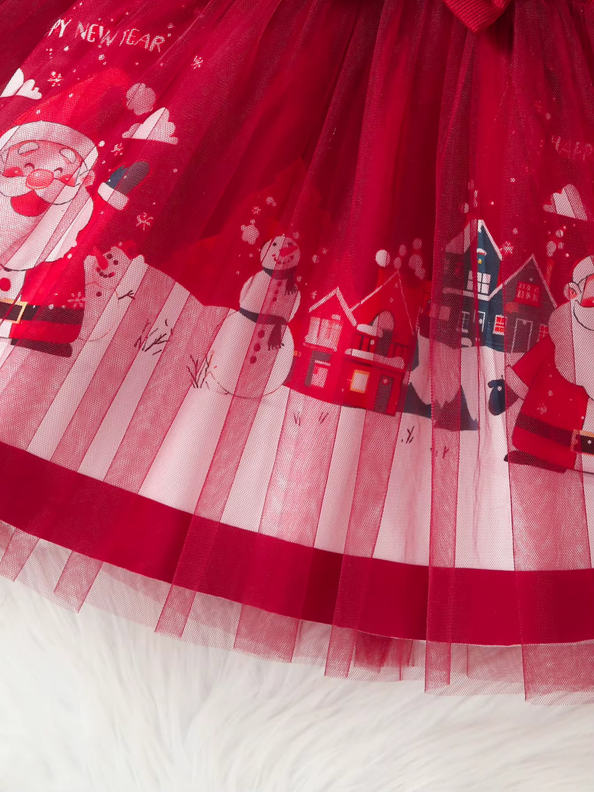 Christmas Red Tulle Princess Dress for Girls – Long Sleeve Santa & Snowman Print Outfit (4–6 Years)