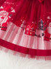 Christmas Red Tulle Princess Dress for Girls – Long Sleeve Santa & Snowman Print Outfit (4–6 Years)